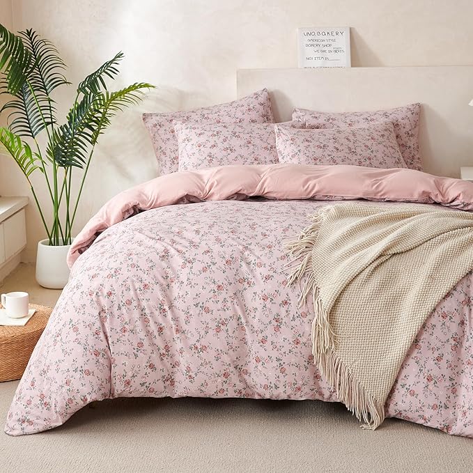 Floral Comforter Set King 3 Pieces Soft Chic Crinkle Gauze Fabric Garden Style Pink Flower Print Botanical Comforter for All Seasons Luxury Warmth Comfy Breathable with 2 Pillowcases