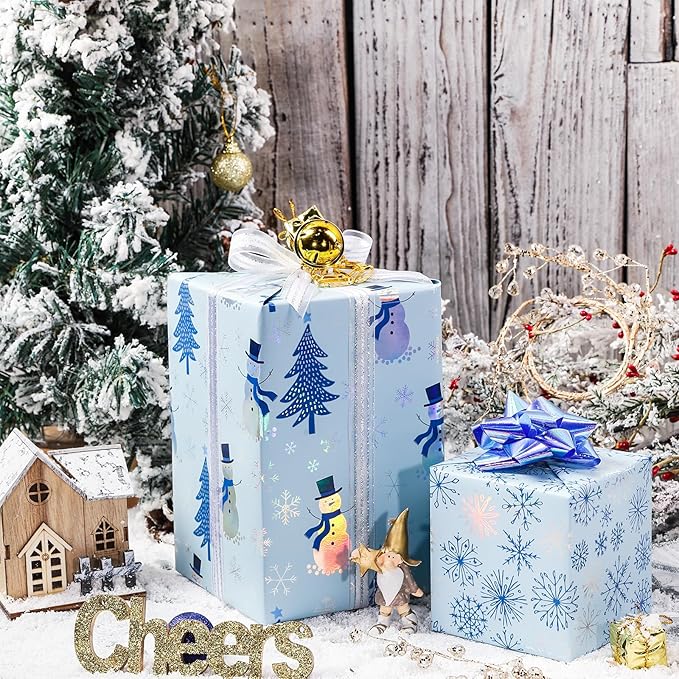 LeZakaa Blue Christmas Wrapping Paper Mini Roll, Snowman Reindeer Crystal Ball Snowflake Tree Metallic Foil Holiday Gift Wrap, Arts Craft, for Xmas Winter Party, 17 x 120 inches, 3 Rolls