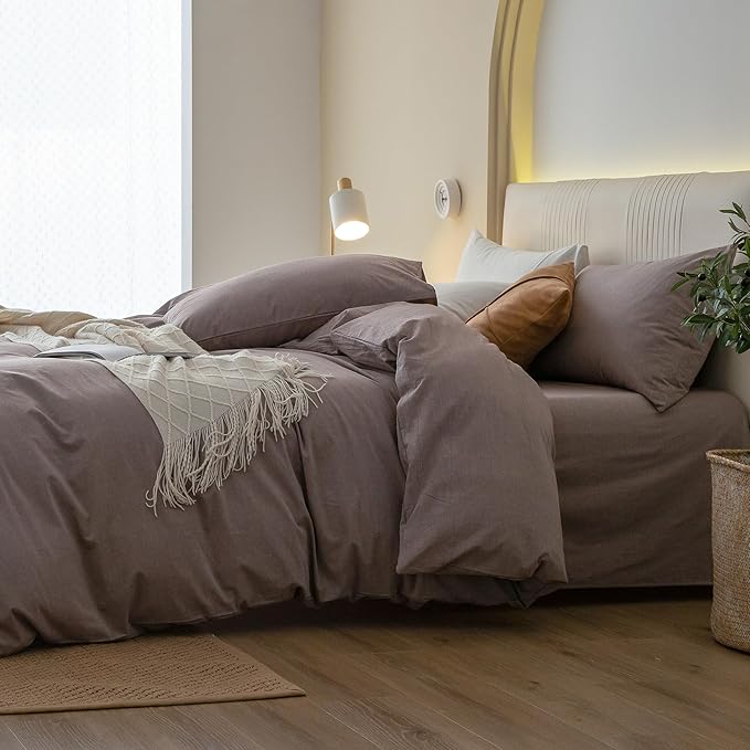JIYUAN 100% Washed Cotton Duvet Cover Set 3 PCS Oversized King Plus, 1 Duvet Cover 128"x120"(Comforter Not Included) and 2 Pillowcases,Linen Feel Bedding Set Comfy and Breathable,Heathered Mauve Brown