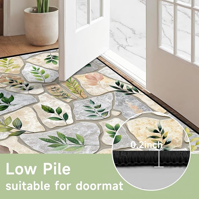3'x5' Optical Illusion Rug 3D Stone Floor Mat Green Leaf Botanical Area Rug Rustic Nature Washable Carpet for Entryway Bedroom Living Room Kitchen Home Decor