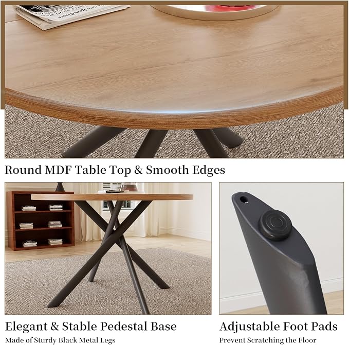 HIPIHOM 45.3 Inch Round Dining Table Set for 4, Mid Century Modern Small Kitchen Coffee Set for Dining Room Kitchen Apartment (Oak Table + 4 U-Shaped Brown Chairs)
