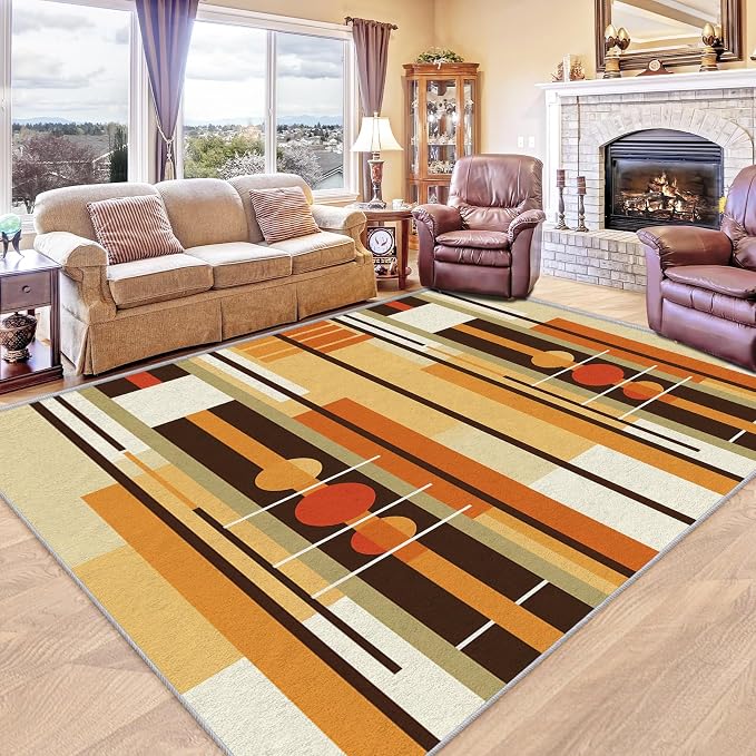 Contemporary Geometric Rug 8x8, Washable Retro Stripe Rugs for Living Room Bedroom, Mid Century Modern Area Rug for Home Decor, Non Slip Backing Floor Carpet with Gripper - 8 x 8 ft
