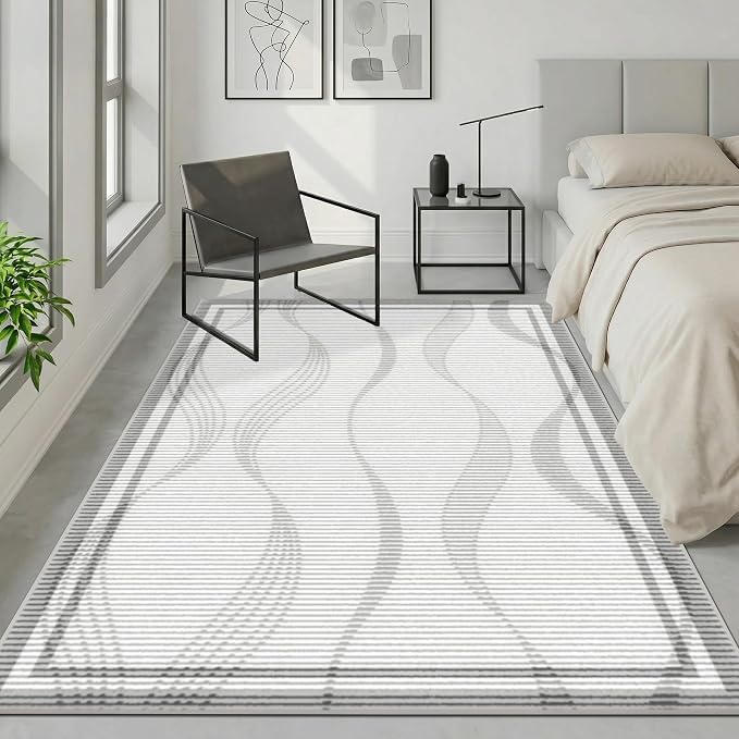 Merelax 5x8 Area Rug for Bedroom - Washable Non-Slip Large Area Rug, Indoor Floor Carpet Low Pile Soft Farmhouse Rug for Dining Room, Mudroom, Modern Aesthetic Abstract Geometric Decor, Grey
