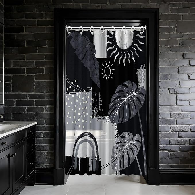Small Stall Narrow Shower Curtain Black and Gray Stand Up Dark Black and Grey Abstract Shower Curtains for Rv Camper Bathroom Decor Sets, Waterproof Cloth Fabric with Hooks, 36 x 72 Inch