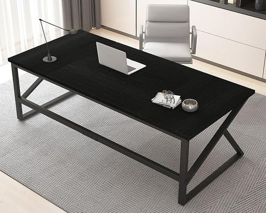 HSH 70 Inch Long Black Desk, Large Metal Wood Computer Desk for 2 Monitors, Modern Home Office PC Laptop Desk for 2 People Executive Writing Work Study Gaming, Simple Bedroom Living Room Black Table