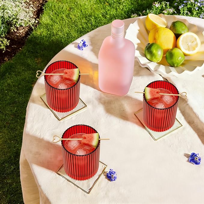 14 oz Ribbed Drinking Glasses Set of 6, High Clear Vintage Iced Coffee Cups Elegant Glassware, Highball Glass Cups Ridged Glass Tumbler for Cocktail, Whiskey, Beer, Water, Juice, Origami Style Red