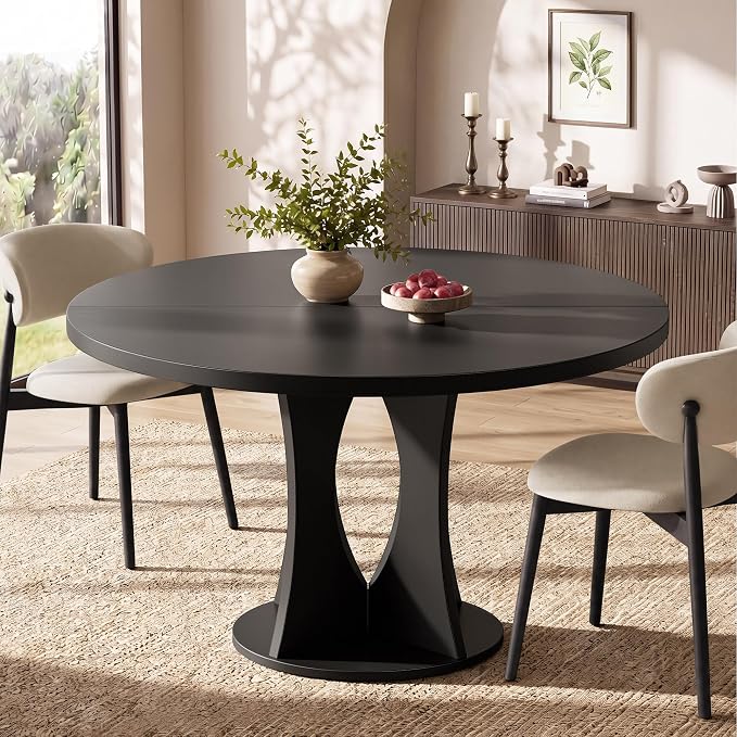 Einhomn 47.2-inch Round Dining Table, Kitchen Table for 4-6, Farmhouse Circle Dining Room Table, Space Saving Wood Kitchen & Dining Room Furniture, Black