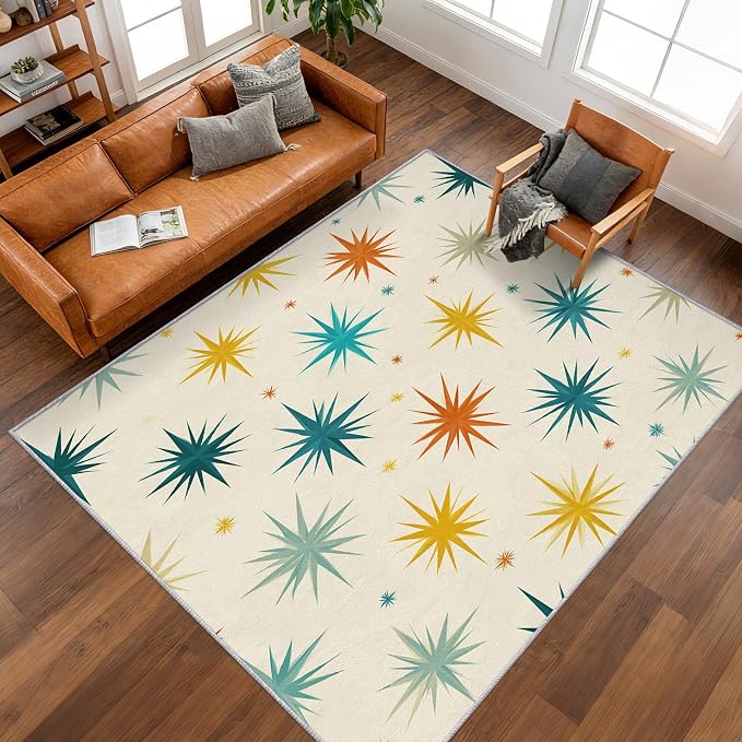 Mid Century Modern Rugs for Living Room Decor, 5x8 ft, Retro Starburst Atomic Area Rugs for Bedroom, Soft Non Slip Washable Geometric Sunburst Carpet Home Decorations D-g48