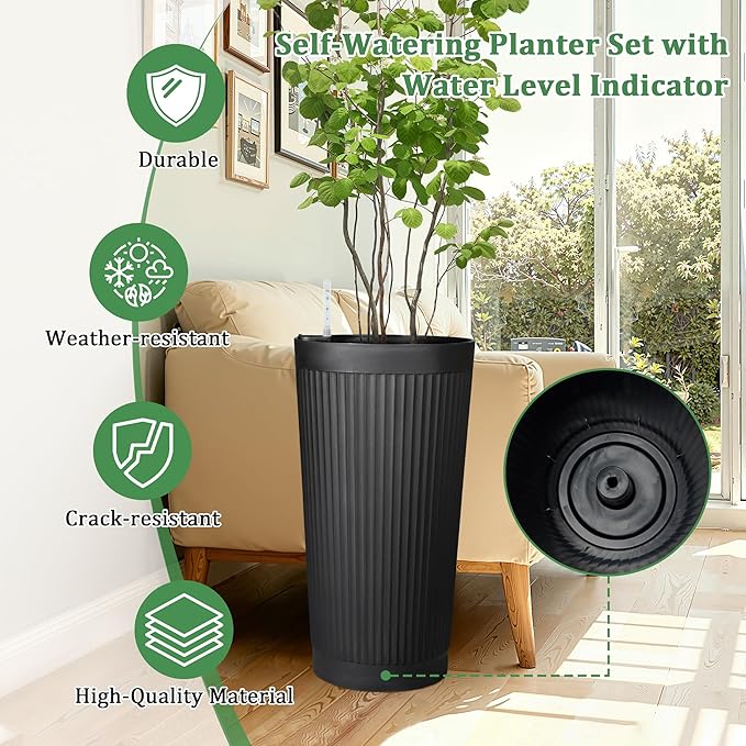 Set of 2 Tall Self-Watering Planters, 24" Large Planters with Water Level Indicator for Indoor & Outdoor Plants, Modern Planters for Garden, Patio, Balcony, Porch, Black
