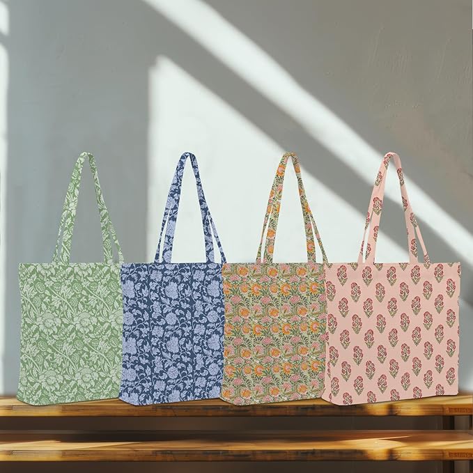 Decohim Multiple Packs Floral Japanese Print Canvas Tote Bag Reusable Grocery Bags Gifts for Women Girls Birthday Christmas