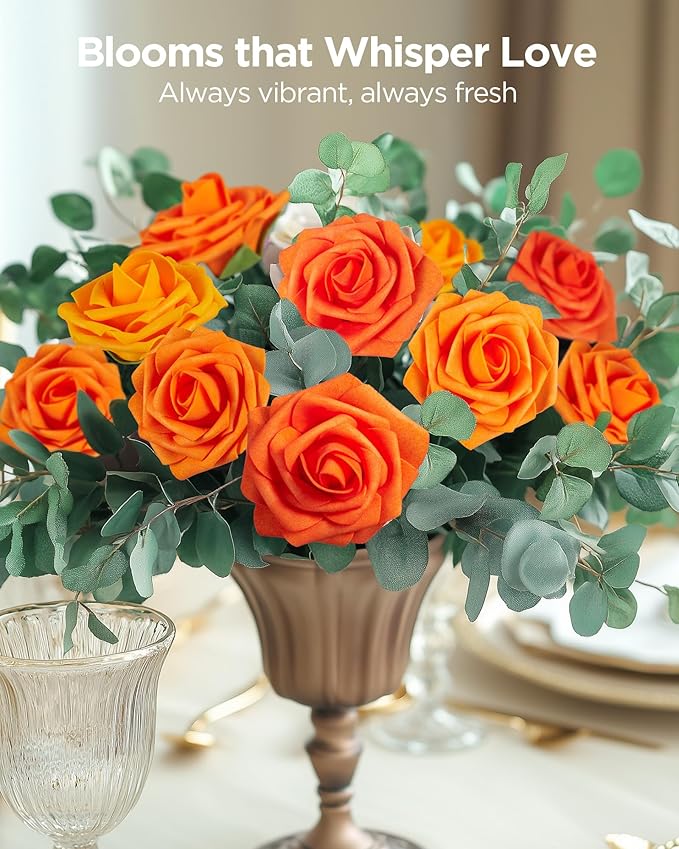 InnoGear Artificial Flowers, 100 Pcs Shades of Orange Rose Foam Fake Roses Bulk with Stems for Autumn Fall Decoration DIY Wedding Bouquets Centerpieces Bridal Shower Party Christmas Tree