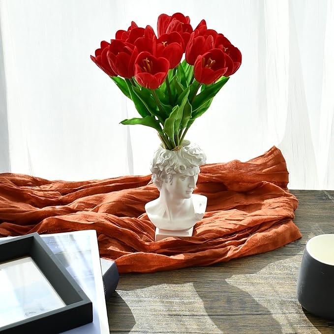 Mandy's Artificial Tulips 12 Stems Red Partially Open PU Faux Flowers for Wedding Home Decor 13.5 Inch