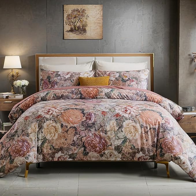 100% Cotton Duvet Cover King Size – Vintage Floral Duvet Cover Set with Zipper Closure & Corner Ties, 3-Piece Luxury & Silky Soft Bedding Set for All Seasons