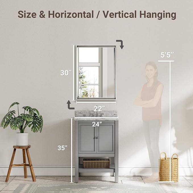 Silver Bathroom Mirror, 22x30 Inch Beveled Rectangle Wall Mounted Mirror, Anti-Rust Silver Metal Framed Vanity Mirror (Vertical/Horizontal)