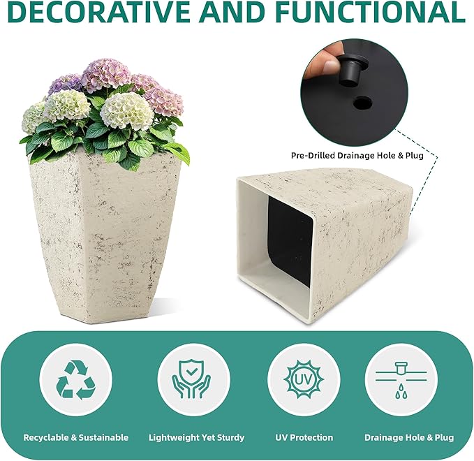 19" Plant Pots Tall Planters for Plants Outdoor Set of 2 Large Square Flower Pots Indoor Front Porch Decor Garden Pot with Drainage Hole Handmade Birch Bark Texture for Patio, Country White