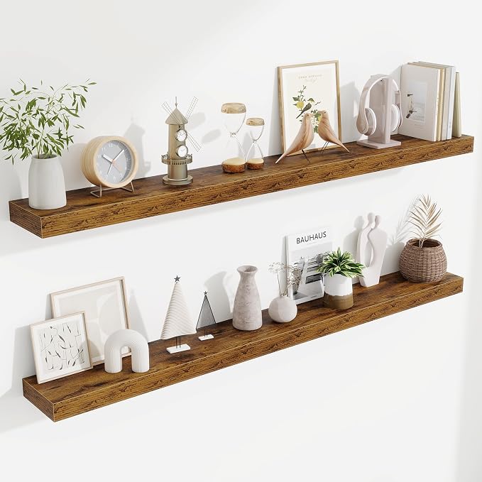 Fun Memories 55 Inch Floating Shelves Bedroom, Large Extra Floating Shelf Set of 2 with Invisible Brackets, Rustic Brown