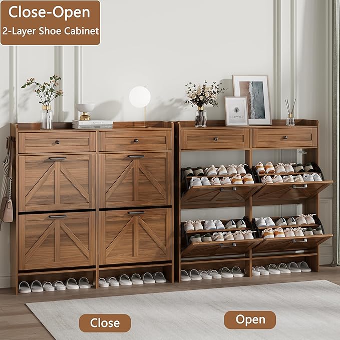 Shoe Cabinet with 4 Flip Drawers & 2 Top Drawers, 43" Tall Freestanding Narrow Wooden Shoe Storage Organizer for Entryway, Hidden Slim Shoe Rack for Front Door Entrance, Hallway, Living Room, Walnut