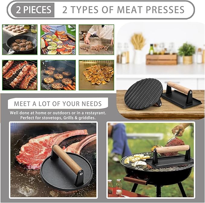 KUAWAK Smash Burger Press Kit 56 Pcs,grill press,7.9 Inch Cast iron hamburger smasher tool, Bacon Press,Burger Smasher for Grill and Griddle Accessories,Barbecues and Tailgates
