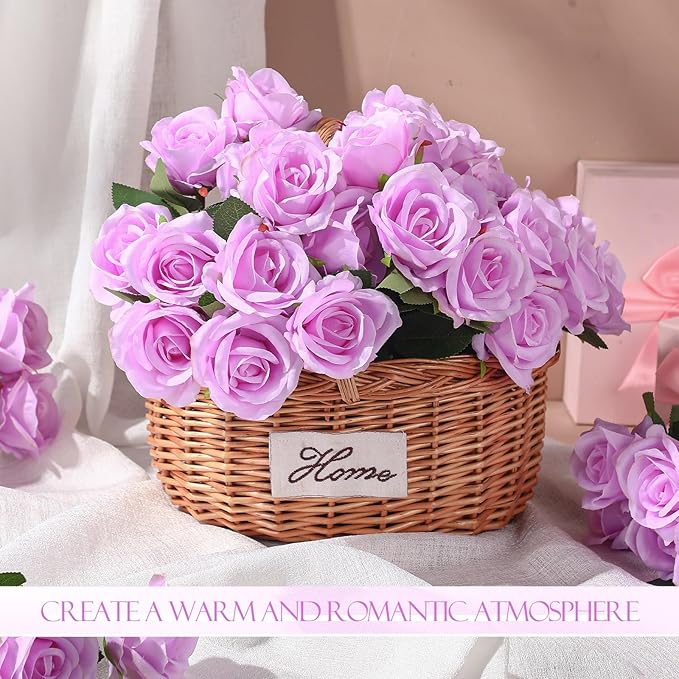 Jexine 50 Pcs Artificial Rose Flower Bulk Realistic Silk Fake Roses with Long Stem Plastic Artificial Flower Bouquet Real Looking for Home Wedding Centerpieces Party Decoration(Light Purple)