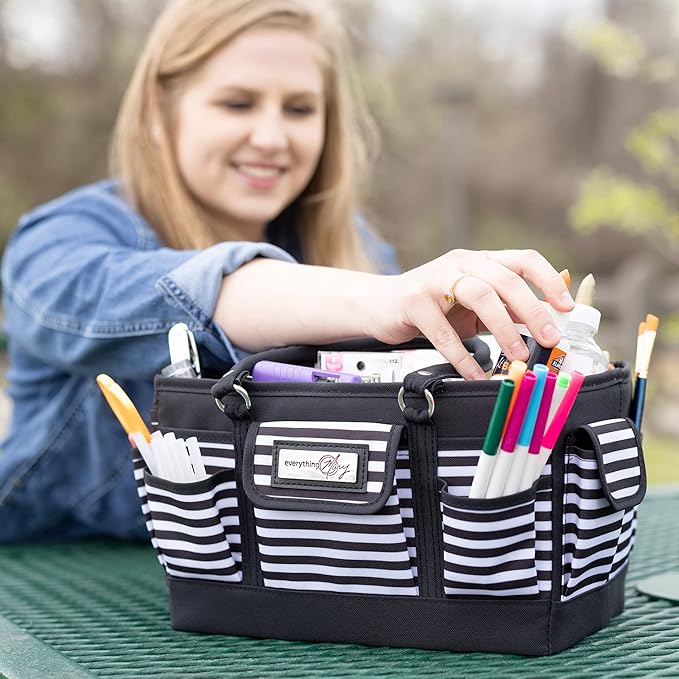 Everything Mary Deluxe Store & Tote Organizer – Black & White Stripe Craft Tote with Handle – Sewing, Scrapbooking & Art Supply Caddy for Creative Project Storage