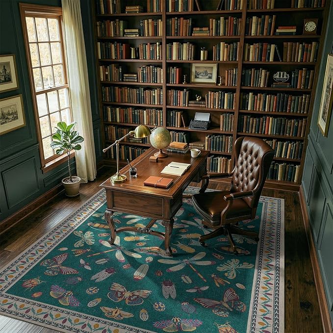 DCX 6x9 Washable Insect Rug, Vintage Gothic Deep Teal Rug with Non-Slip Rubber Backing, Soft Low-Pile, Stain-Resistant, Kid & Pet Friendly, for Living Room, Bedroom, Office, and Nature-Themed Decor