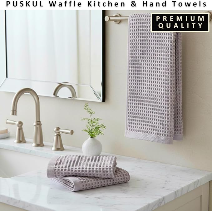 PÜSKÜL Natural 100% Turkish Cotton Waffle Kitchen Towels Set of 3 | Oeko-Tex, Premium Waffle Hand Towels for Bathroom | Soft Absorbent Quick-Dry Lint-Free Dish Towel Large 32x16 inch (3, Gray)