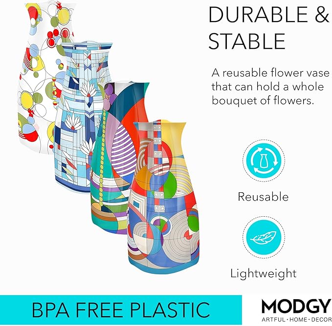 MODGY Expandable Flower Vase Set, Plastic Decorative Modern Foldable Printed Vases for Centerpieces for Wedding, Dining Table, Home Decor, Living Room, Bathroom, Office, Frank Lloyd Wright, 4 Pack