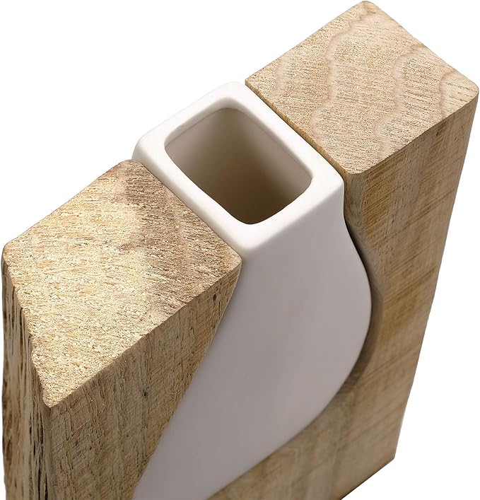 Excello Global Products Matte White Glass and Wood Vase - Rustic Flower Vase Decorative Centerpieces for Dining Room Table Coffee Tables Vintage Farmhouse Decor (Short - 8" x 6")