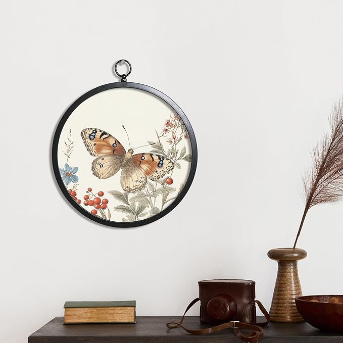 XIAOAIKA Vintage Wall Art with Metal Frame, Round Wood Print Featuring Butterfly and Berries, Boho Wall Decor for Living Room, Bedroom, Kitchen, Hallway, 10 Inch