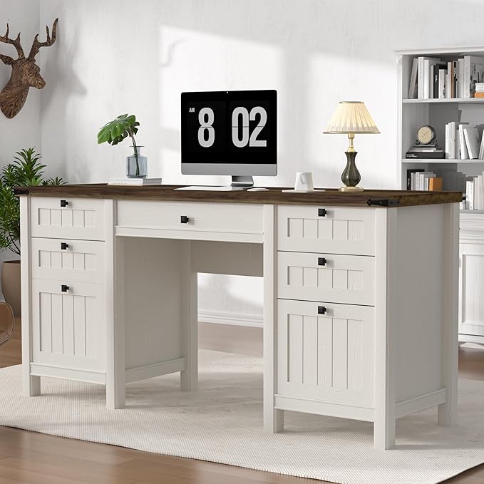 Executive Desk, Modern Farmhouse Computer Desk with Drawers & Cabinet, Home Office Desk for Work Study Writing Workspace (White, 62")