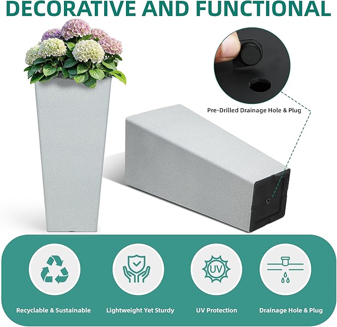 28" Plant Pots Tall Planters for Plants Outdoor Large Set of 2 Plastic Flower Pots Tapered Plant Containers Front Porch Decor for Garden, Patio, Deck, Indoor Terrazzo White