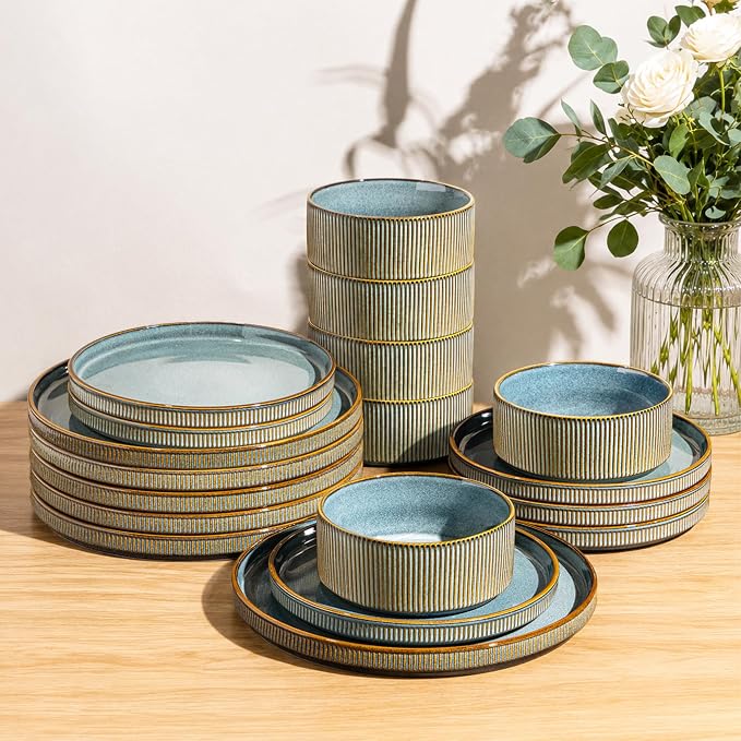GBHOME 18-Piece Stoneware Dinnerware Set for 6 – Ribbed Ceramic Plates and Bowls, Scratch-Resistant, Microwave & Dishwasher Safe, Reactive Glaze-Space Blue