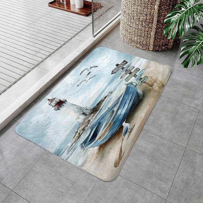 Nautical Coastal Bath Rugs for Bathroom, Ocean Beach Lighthouse Non Slip Flannel Bathroom Rug, Blue Teal Seasides Sailboat Dry Fast Water Absorbent Bath Mats, 17x29 Inch