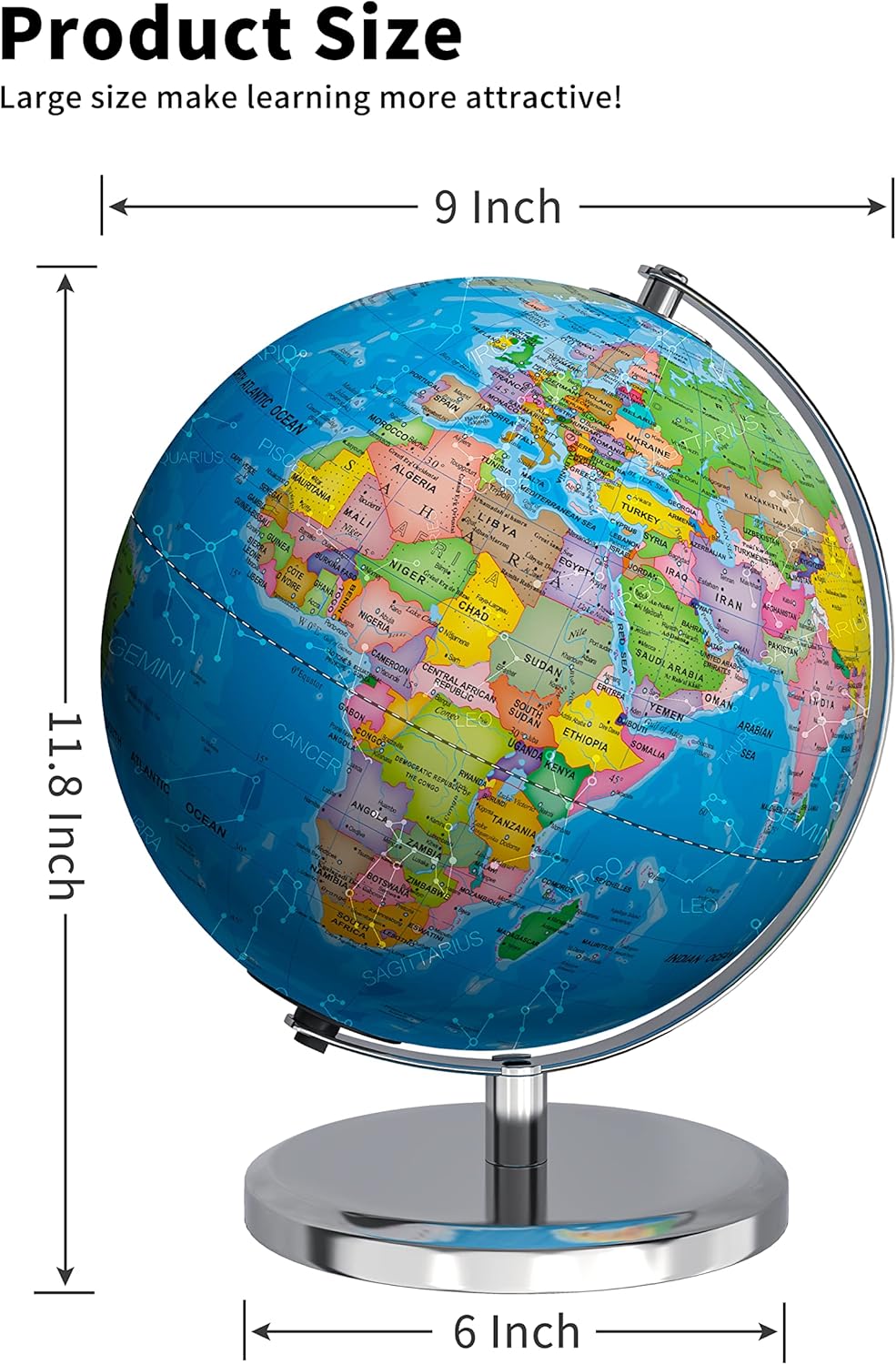 Waldauge Illuminated World Globe - 9" Earth Globe with LED Night Light & Heavy Metal Base for Kids