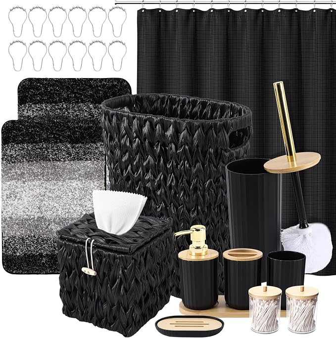 Bathroom Accessories Set, 25PCS Wicker Bathroom Accessory Set with Shower Curtain, Bath Mat, Soap Dispenser, Handwoven Trash Can & Rattan Tissue Box (Black, Bath Set+Shower Curtain+Rugs)