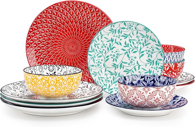 vancasso SELENE Plates and Bowls Set for 4, 12 Pieces Dinnerware Sets, Mircowave and Dishwasher Safe Dishes Set, Porcelain Muted Dinnerware