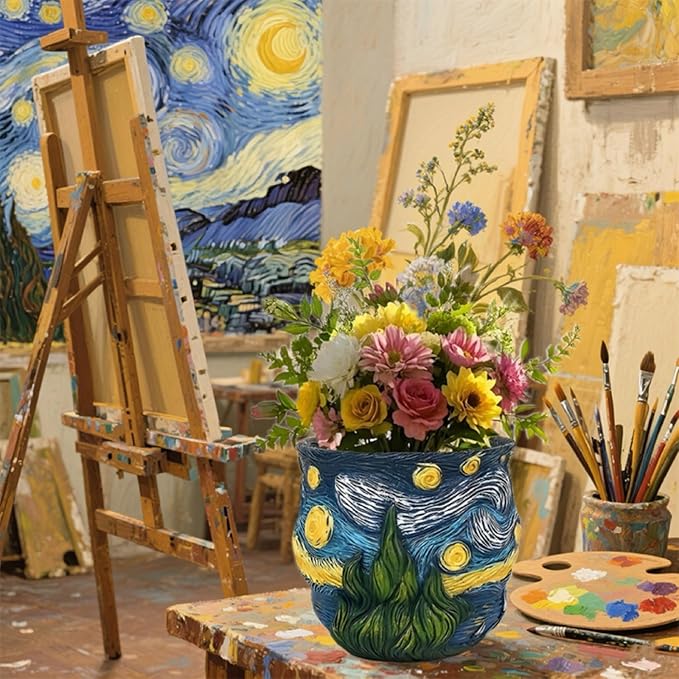 Van Gogh Inspired Planter Pots Cute Unique Starry Night Theme Flower Pots for Indoor Plant Acolorful Art Resin Vase for Home Desk Decoration