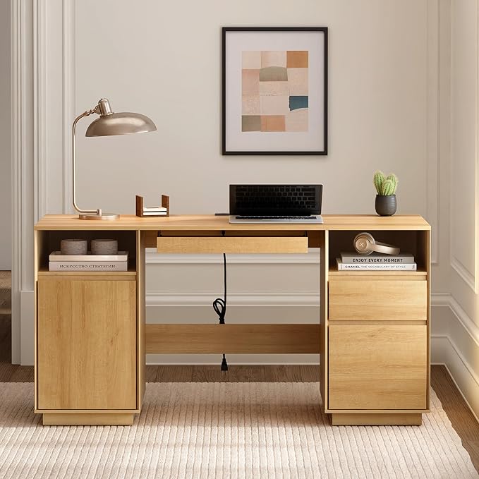 Farmhouse Executive Desk with File Drawer 59" Large Computer Desk Home Office Desk with Charging Station, Keyboard Tray, Storage Cabinet Modern Workspace for Study, Writing, Nautral Oak