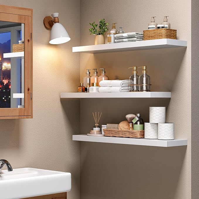 HOOBRO Floating Shelves for Wall, Wall Mounted Shelf Set of 2, 31.5" Hanging Shelf with Invisible Brackets, for Wall Decor Storage in Bathroom Bedroom Kitchen Living Room Office, White WT80BJP201