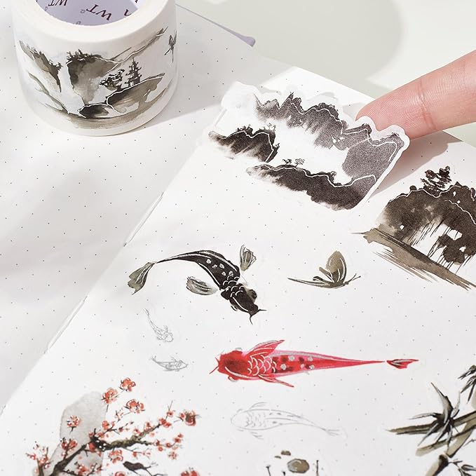 WT Ink Tranquility Washi Tape Sticker Set, 4 Rolls, Original Designs, Eastern Watercolor Koi Fish, Black & Red, Silver Foil Decorative Stickers for Bujo, Planner, Journals, DIY Crafts