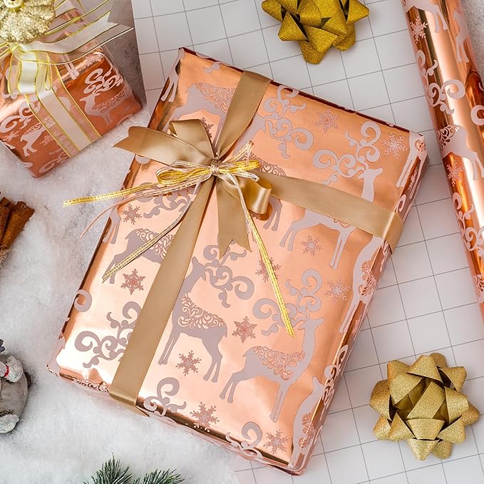 MAYPLUSS Christmas Reversible Wrapping Paper - Mini Roll - 17 Inch X 32.8 Feet - Rose Gold with Glitter Metallic Foil Design (47.3 sq.ft.ttl)