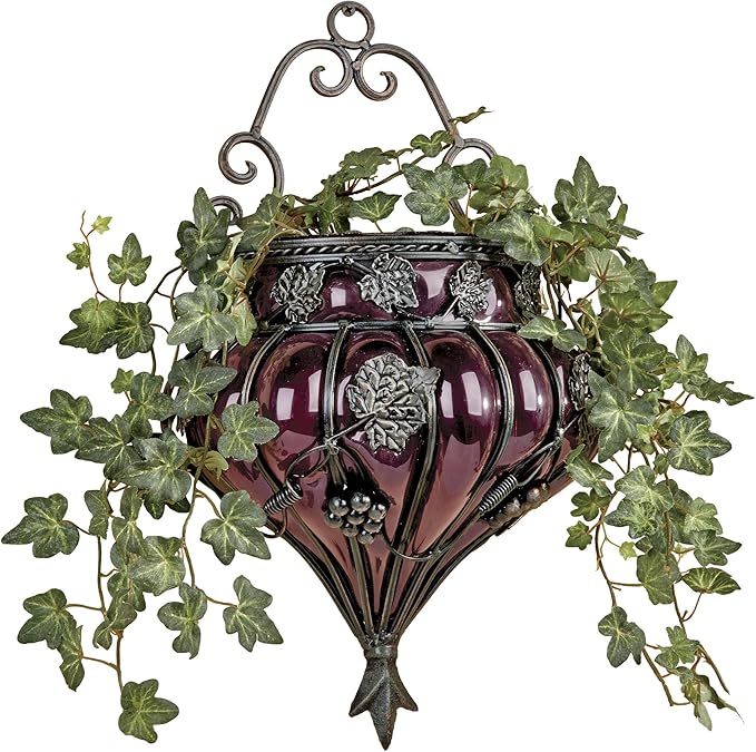Touch of Class Grape Vase Wall Accent - Metal, Glass - Purple, Antique Bronze - Vineyard Grapevines and Leaves Decor for Bedroom, Living Room, Dining Room, Kitchen, Sunroom