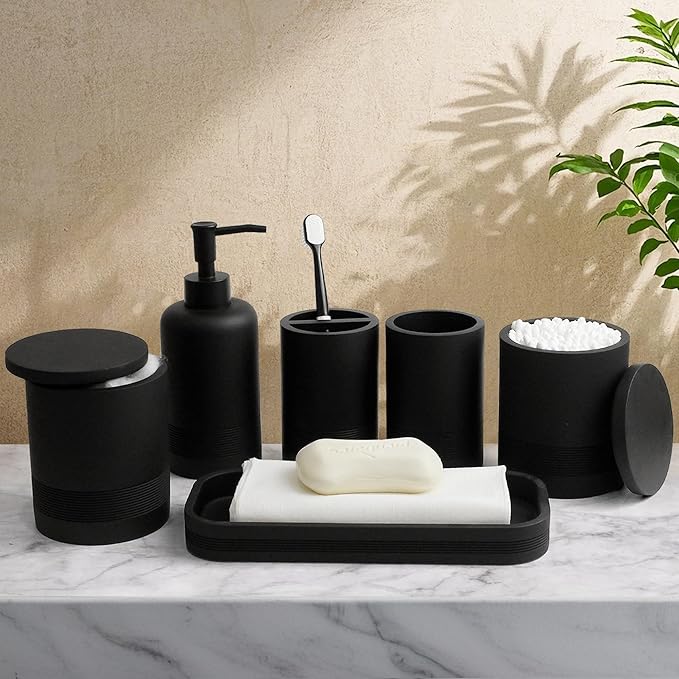 LIN CHUAN 6-Piece Bathroom Accessories Set, Organizer Set with Soap Dispenser, Toothbrush Holder Set, Vanity Tray, Tumbler & 2 Cotton Swab Jars – Modern Stylish Bathroom Storage(Matte Black)