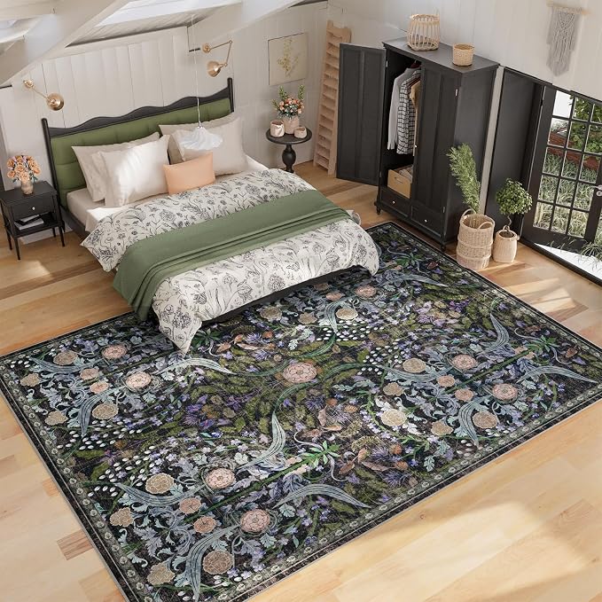 AMTOVO 6x9 Washable Area Rugs for Living Room, Non-Slip Large Soft Boho Floral Vintage Accent Print Carpet for Bedroom Classroom College Dorm Dining Room Farmhouse Nursery Home Office, Black