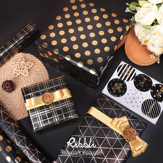 Ribbli Birthday Wrapping Paper Black and Gold Gift Wrap for Father's Day Men Husband Boyfriend Mini Roll, 3 Rolls Geometry Pattern - 17 inch x 120 inch(10feet) Per Roll