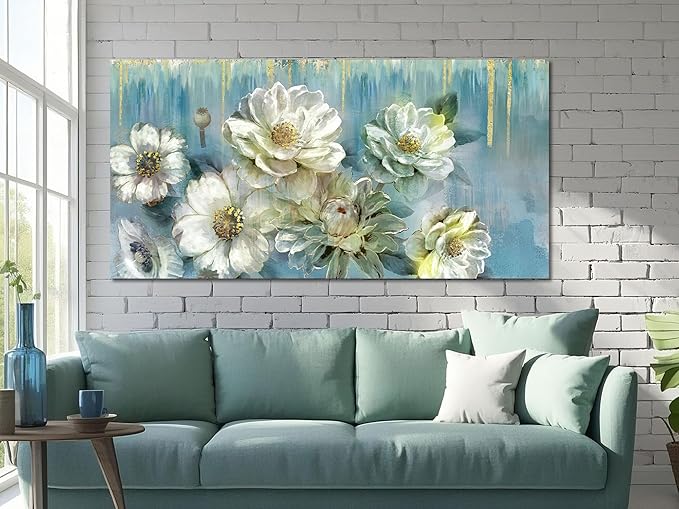 Ardemy Floral Canvas Wall Art for Living Room Large Magnolia White Flowers Teal Picture Bedroom Wall Decor Textured Painting Modern Turquoise Artwork Dining Room Home Office, Extra Large 58"x29"