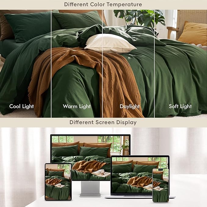MooMee Bedding Duvet Cover Set 100% Washed Cotton Linen Like Textured Breathable Durable Soft Comfy (Solid Forest Green, Super King 108"x98")