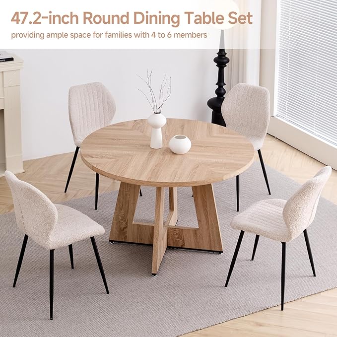 47" Round Dining Table Set for 4 with Chairs Kitchen Table and Chairs Set Mid-Century Modern Chair with Metal Leg for Apartment Living Room(Natural Table with 4 Beige Chairs)
