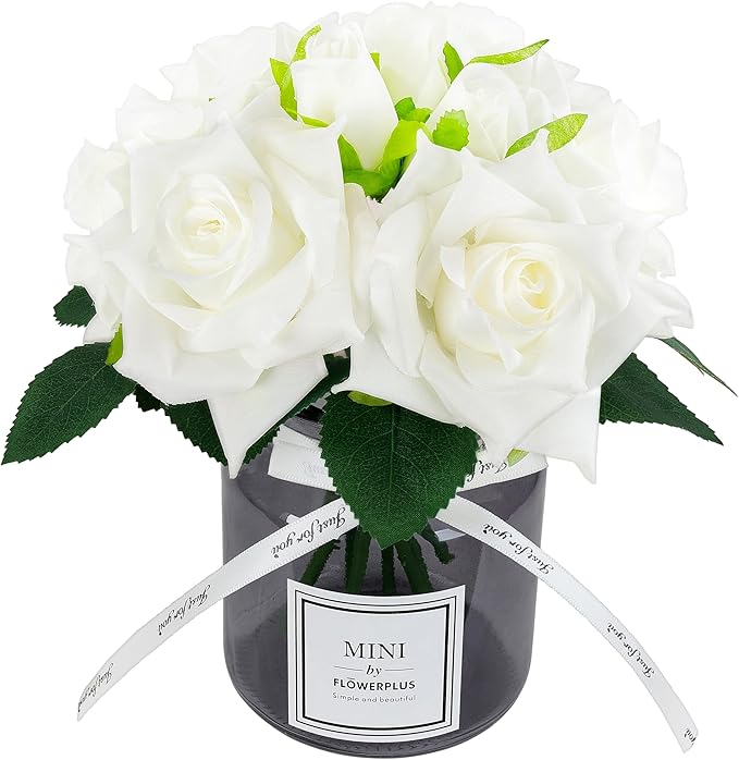 XIAYAN Artificial Flower and Glass vase, Silk Rose Flower Glass Bottle Set, Suitable for Living Room, Dining Table, Office, Wedding, Hotel Banquet and Family Decoration. (White)………