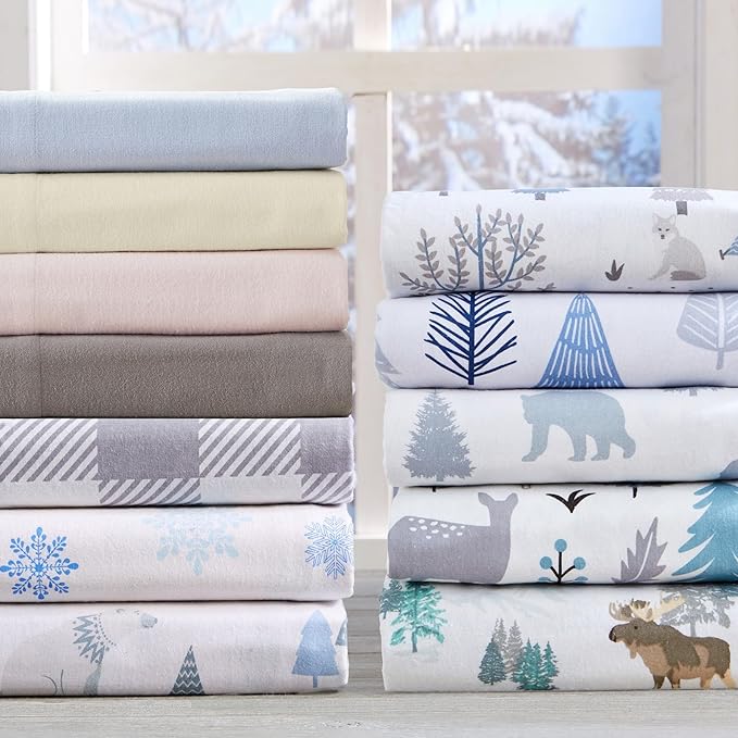 Market & Place 100% Turkish Cotton Flannel Sheet Set | 4 Piece Deep Pocket Novelty Cozy Winter Bed Sheets | Double Brushed for Extra Softness & Comfort | Alpine Collection (King, Grey Bears)